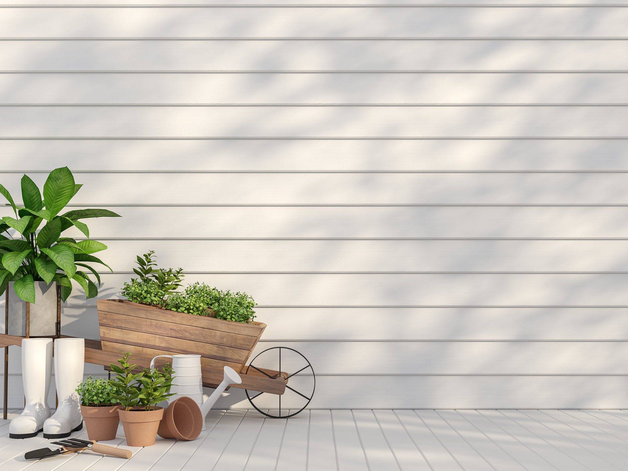 Empty white plank wall terrace with garden tool