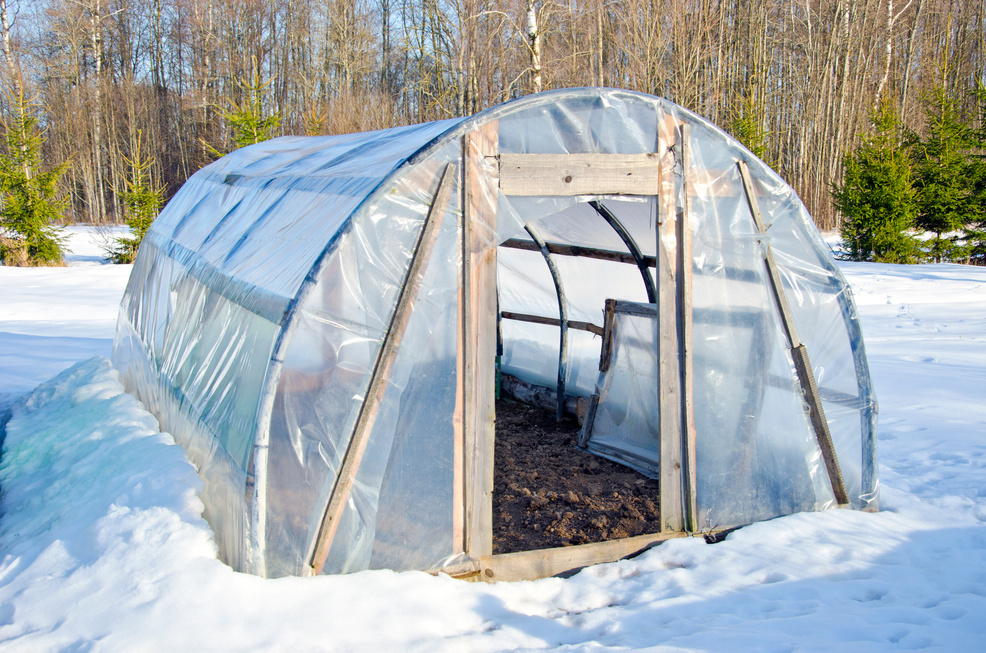 primitive handmade greenhouse in winter time on snow